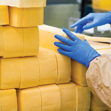 Работник подрежда буци сирене в млекопреработвателен завод. В млечната промишленост анализаторите на ТОС могат да помогнат за контрол на органичните отпадъци в изходящите отпадъчни води и за намаляване на загубата на продукти.